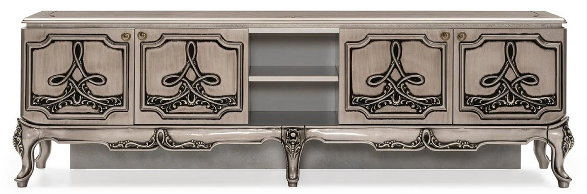 Casa Padrino gabinete de TV barroco de lujo plata - Magnífico aparador de madera maciza con 4 puertas - Muebles de salón en estilo barroco - Muebles barrocos - Noble y Magnífico