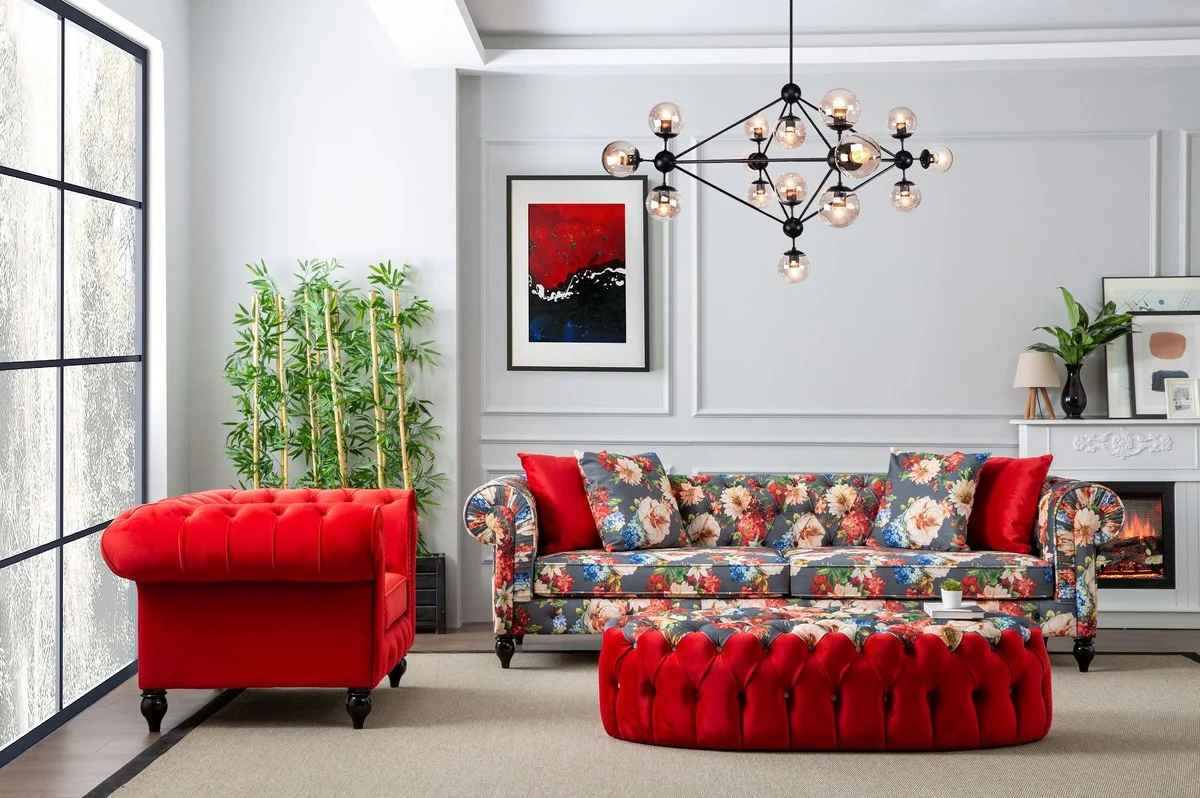 Casa Padrino Sof¨¢ de Sal¨®n Chesterfield de Lujo con Motivo Floral Gris / Multicolor / Negro 235 x 90 x A. 75 cm - Muebles de Sal¨®n Chesterfield - Muebles de Sal¨®n de Lujo - Interior de Lujo