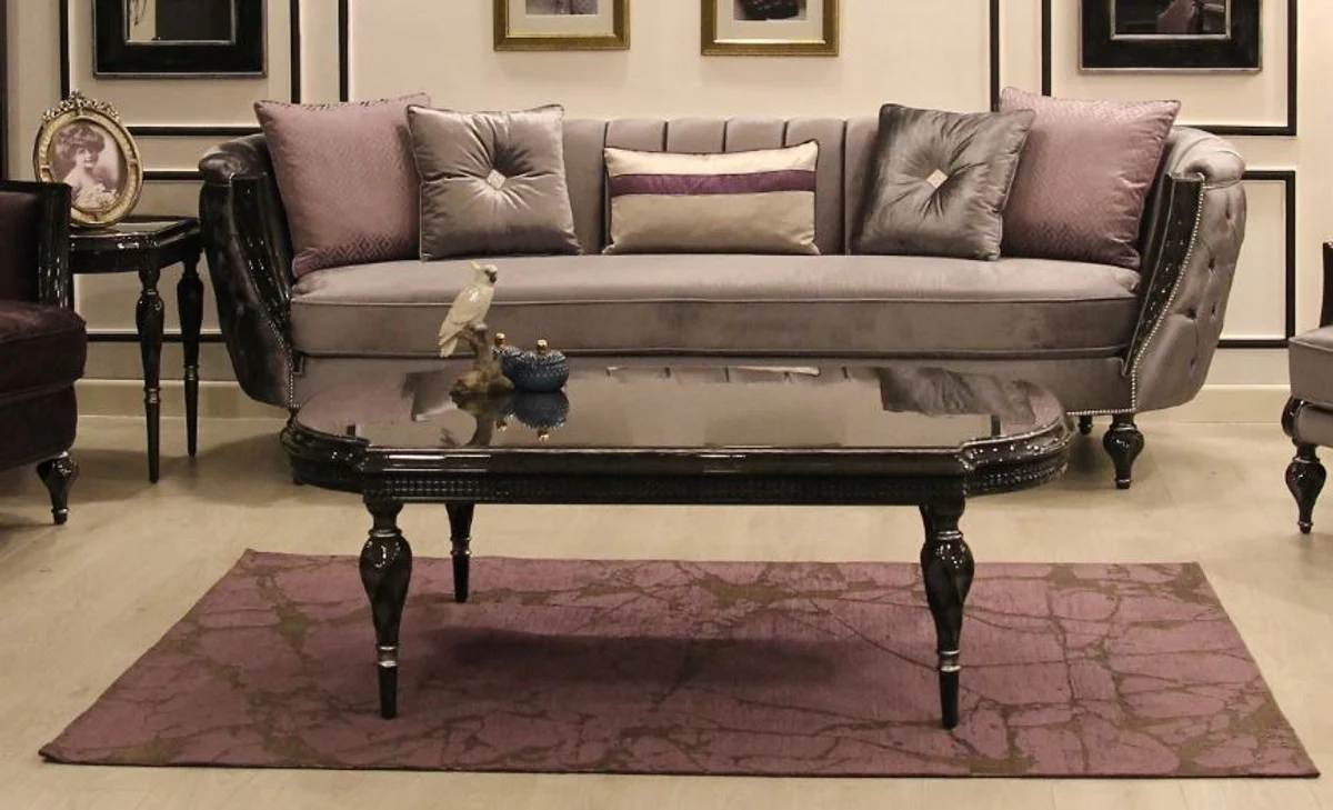 Casa Padrino mesa de centro barroco de lujo gris / negro / plata 140 x 85 x A. 50 cm - Mesa de sal¨®n noble de madera maciza con tapa de vidrio - Muebles de sal¨®n de estilo barroco