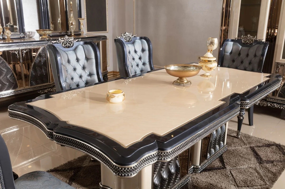 Casa Padrino conjunto de comedor barroco de lujo beige / azul claro / negro / oro - 1 Mesa de Comedor Barroco y 6 Sillas de Comedor Barrocos - Muebles de comedor de lujo en estilo barroco