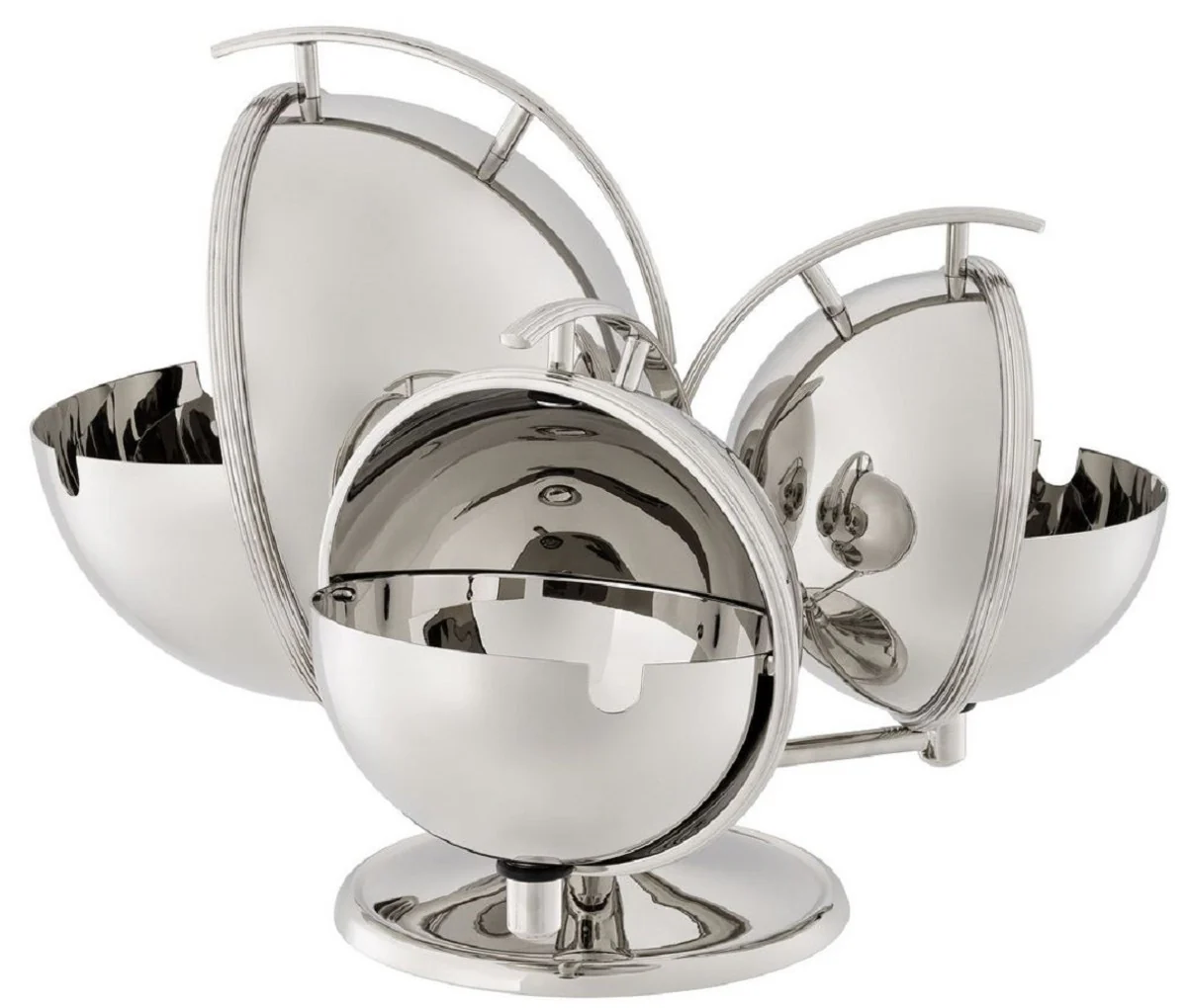 Casa Padrino conjunto de 3 tazones de servir de lujo con soporte plata 35,5 x 32,5 x A. 23,5 - Tazones de latón con tapa deslizante - Accesorios de Hotel y Restaurante de Lujo - Colección de Lujo