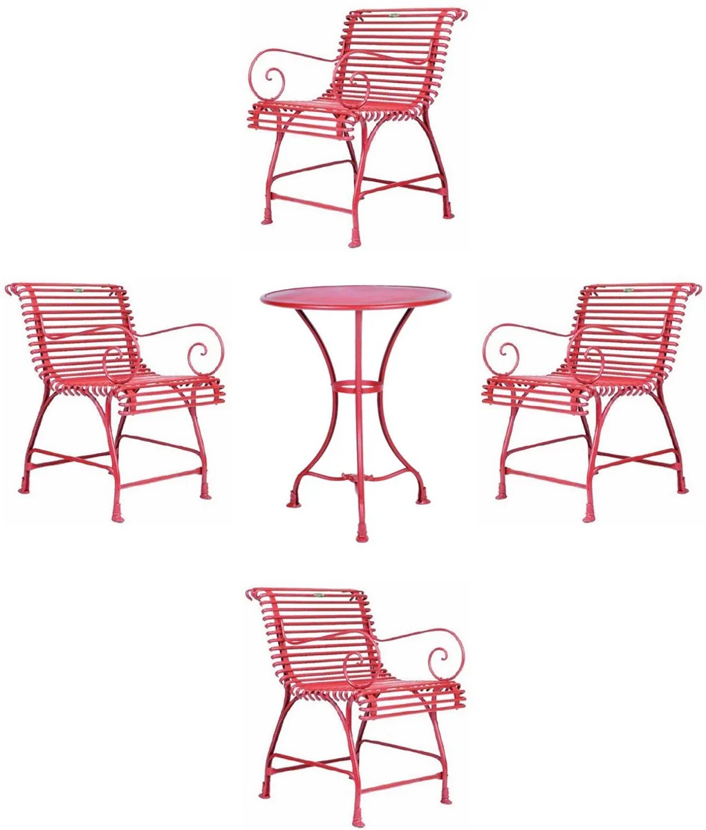 Casa Padrino conjunto de muebles de jard¨ªn Art Nouveau de hierro forjado rojo - 1 Mesa Bistr¨® Redonda de Jard¨ªn y 4 Sillas de Jard¨ªn con Reposabrazos - Muebles de Jard¨ªn Barrocos y Art Nouveau