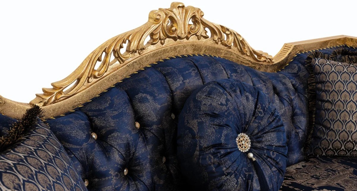 Casa Padrino sof¨¢ barroco de lujo con pedrer¨ªa y cojines decorativos azul oscuro / oro 228 x 93 x A. 108 cm - Muebles de Sal¨®n Barrocos