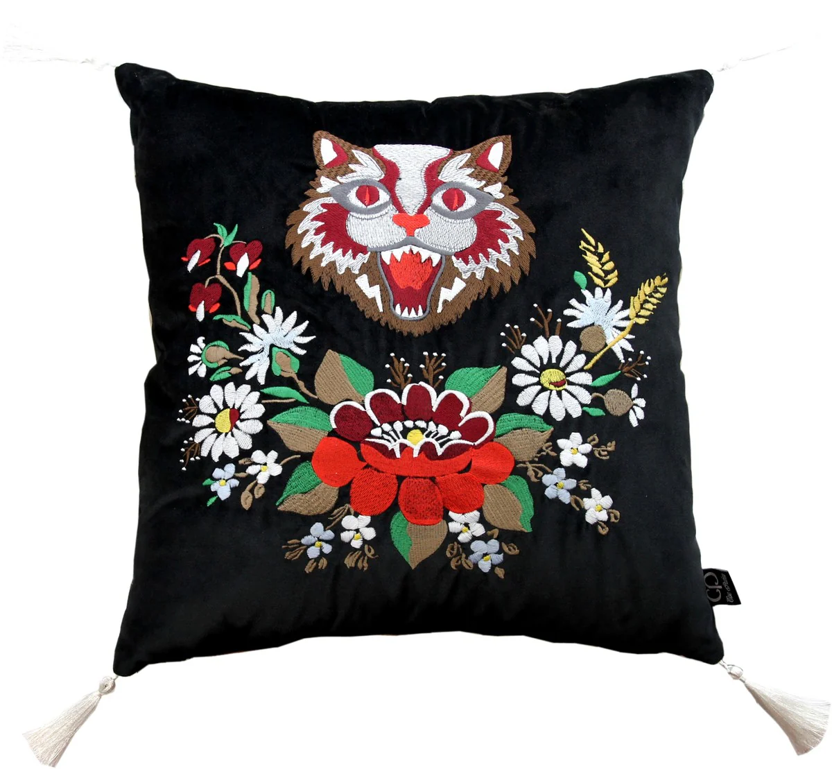 Coj¨ªn decorativo de lujo Casa Padrino con borlas Gato negro / blanco 45 x 45 cm - Terciopelo fino - Coj¨ªn de vida