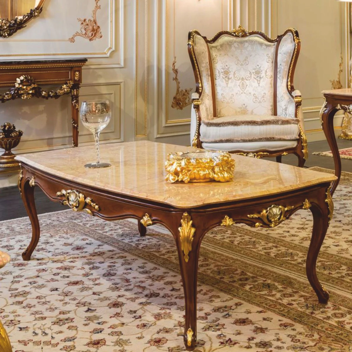 Casa Padrino Mesa de Centro Barroco de Lujo Beige / Marr¨®n Oscuro / Oro 146 cm - Hecha en Italia