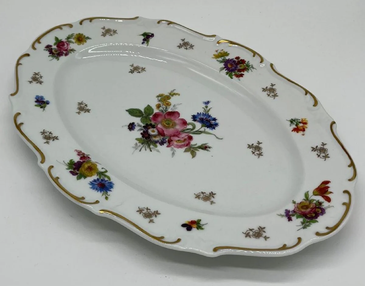 Casa Padrino Plato de Porcelana Barroco de Lujo Blanco / Multicolor / Oro 38 cm - Plato de Servir Ovalado - Accesorios de Porcelana Barroco de Lujo - Reichenbach Porzellan - Hecho en Alemania