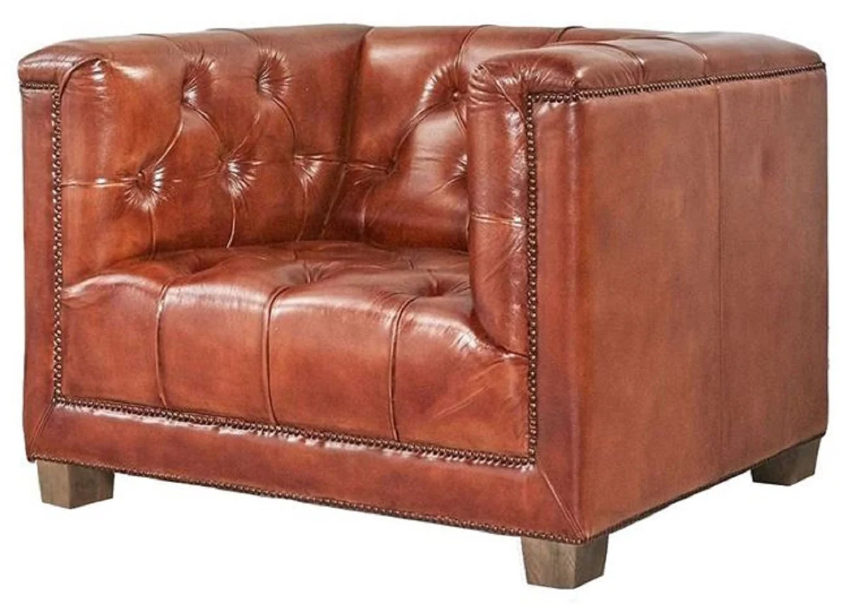 Casa Padrino sill¨®n Chesterfield de lujo de cuero genuino marr¨®n 110 cm - Muebles de cuero genuino
