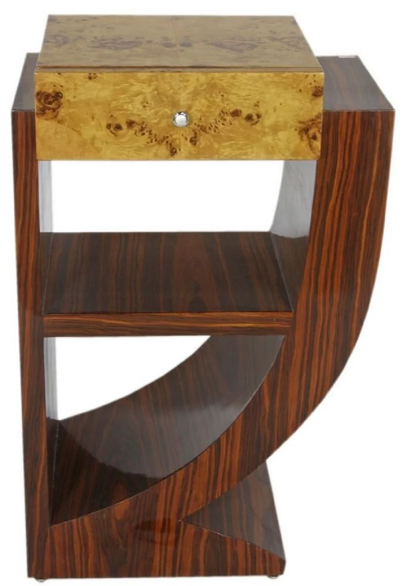 Casa Padrino Conjunto de Mesa Auxiliar Art D¨¦co Marr¨®n / Marr¨®n Claro 50 x 40 x H. 75 cm - Mesas Auxiliares de Caoba y Madera Burl con Caj¨®n - Mesitas de Noche - Calidad de Lujo