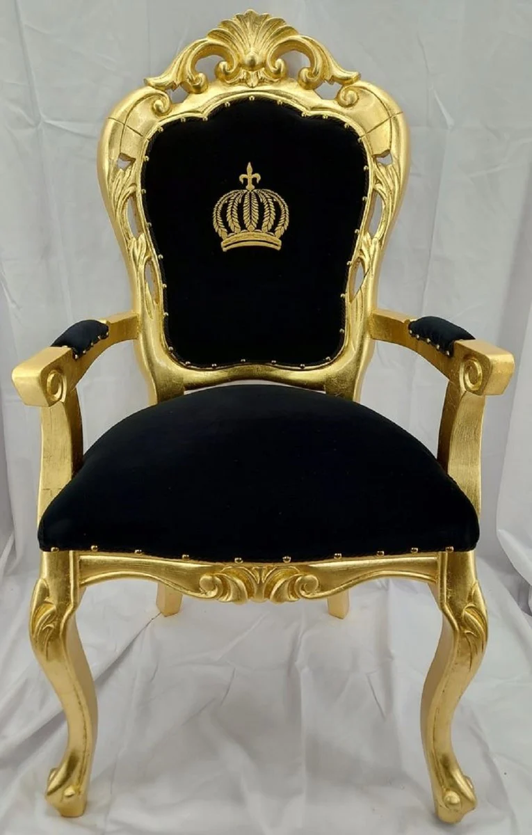 Pomp??s de Casa Padrino Silla de comedor barroco de lujo con reposabrazos negro / oro - Silla barroco Pomp??s dise?ada por Harald Gl??ckler - Muebles de comedor barrocos