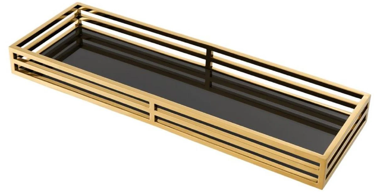 Casa Padrino bandeja de servicio de lujo oro / negro 60 x 20 x H. 5,5 cm - Bandeja de Acero Inoxidable con Espejo Negro