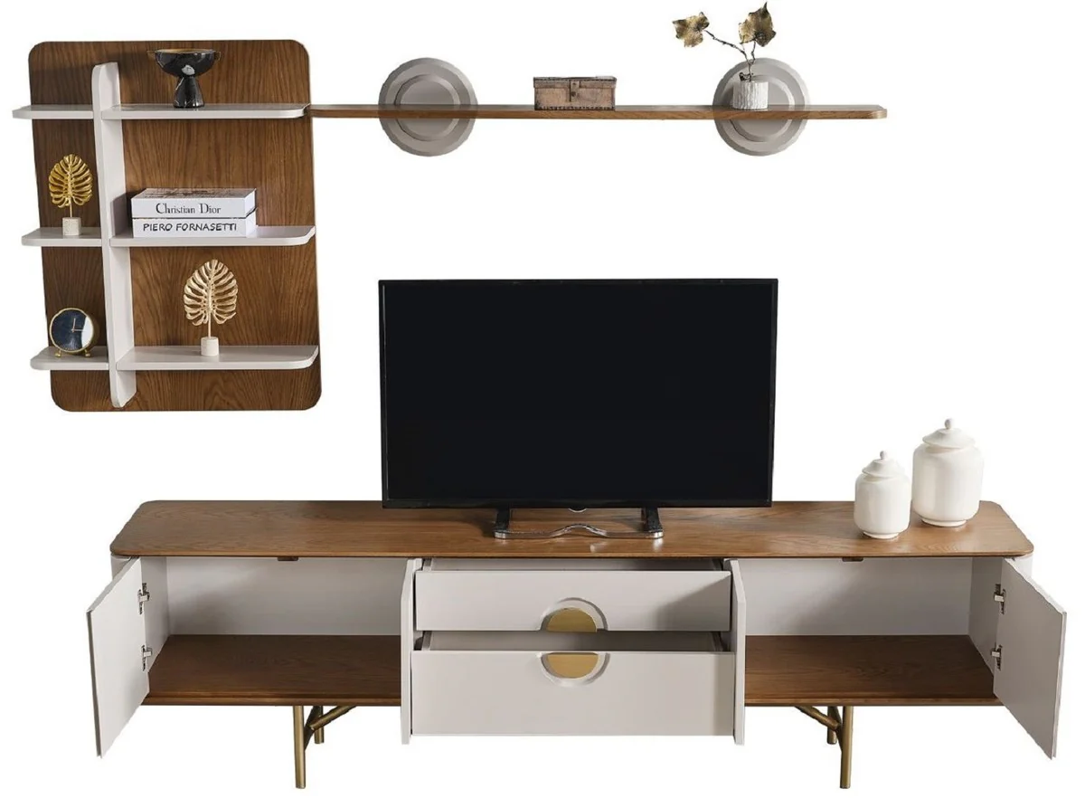 Casa Padrino conjunto de gabinete de TV para sala de estar de lujo gris claro / marrón / latón - 1 Gabinete de TV y 1 Estante de Pared - Muebles de salón de madera maciza - Muebles de lujo