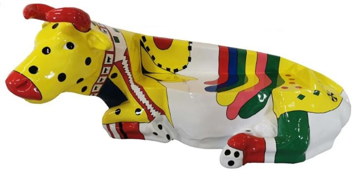 Casa Padrino banco de diseño vaca multicolor 200 x A. 98 cm - Banco de jardín de vaca escultura resistente a la intemperie - Accesorios de decoración de jardín y terraza