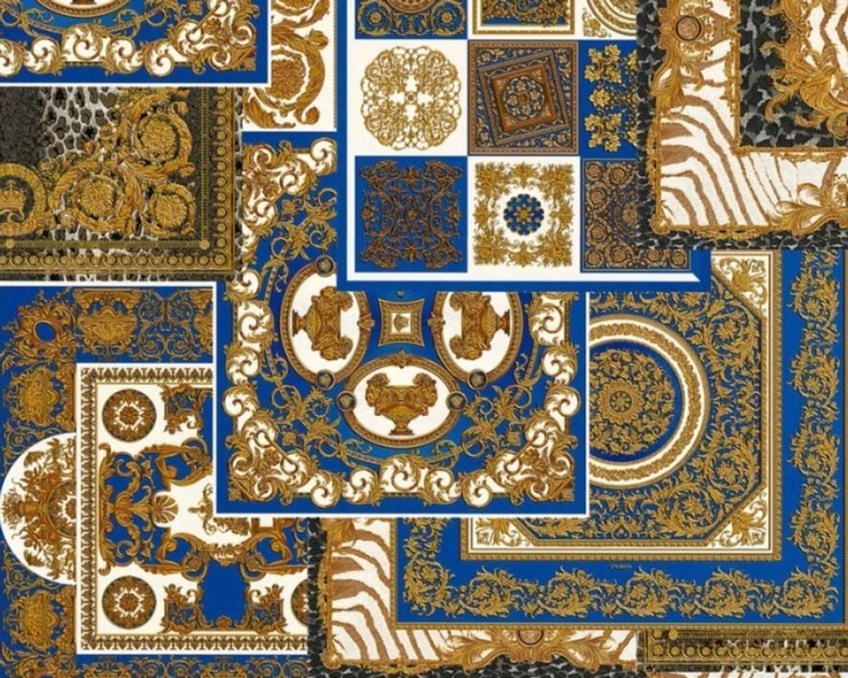 Papel Pintado no Tejido Barroco de Diseño Versace IV 37048-1 - Azul / Oro / Blanco - Papel Pintado de Diseño - Alta Calidad