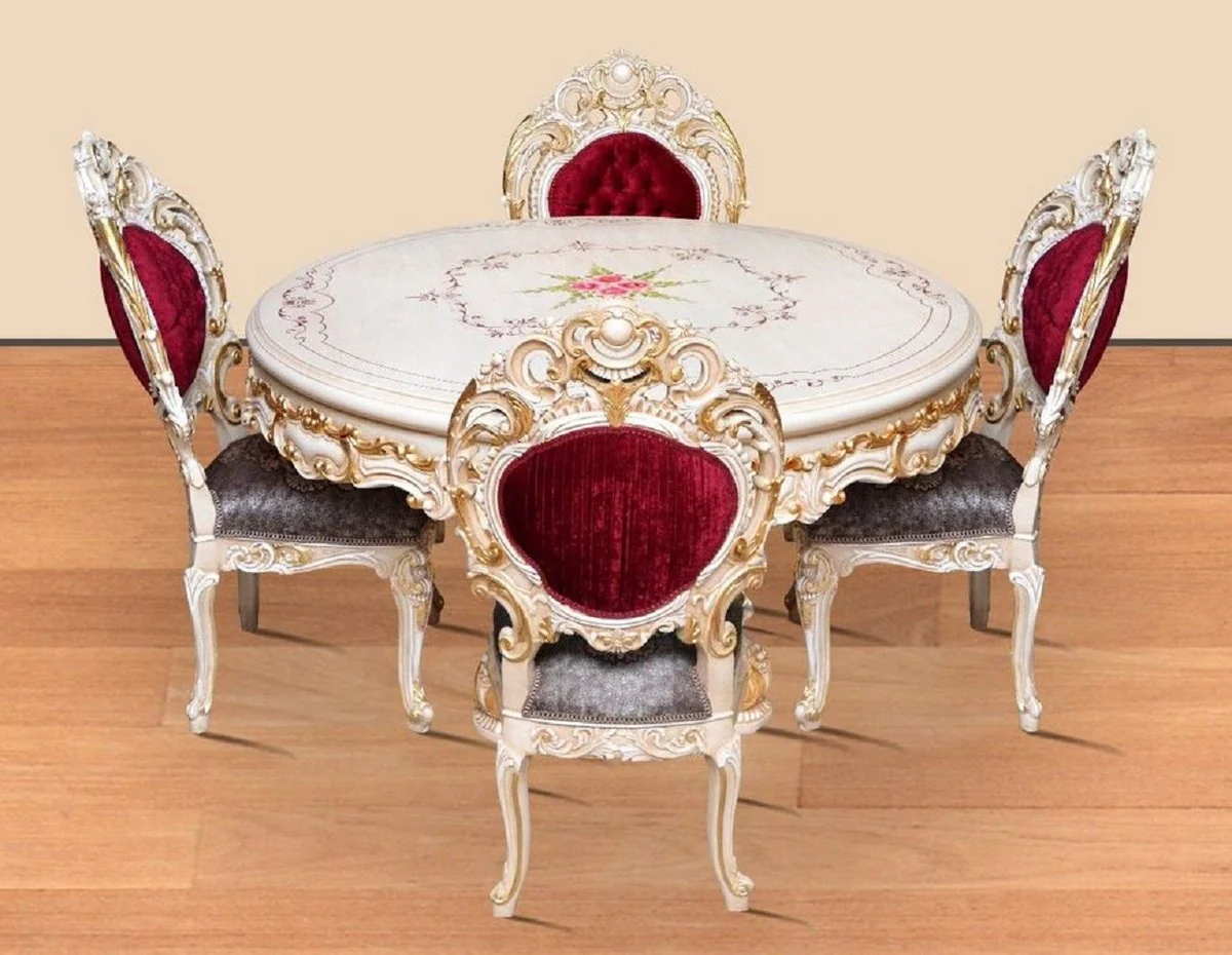 Casa Padrino conjunto de comedor barroco rojo burdeos / gris / blanco / oro - 1 Mesa de Comedor Redonda y 4 Sillas de Comedor - Magn¨ªfica muebles de comedor de estilo barroco