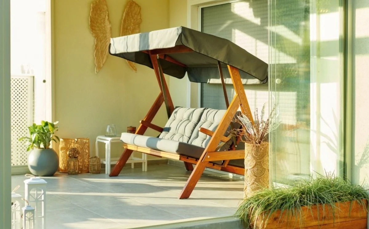 Casa Padrino columpio de Hollywood de lujo verde / marr¨®n - Columpio de jard¨ªn resistente a la intemperie con toldo para el sol - Muebles de Terraza y de Jard¨ªn - Muebles de Lujo