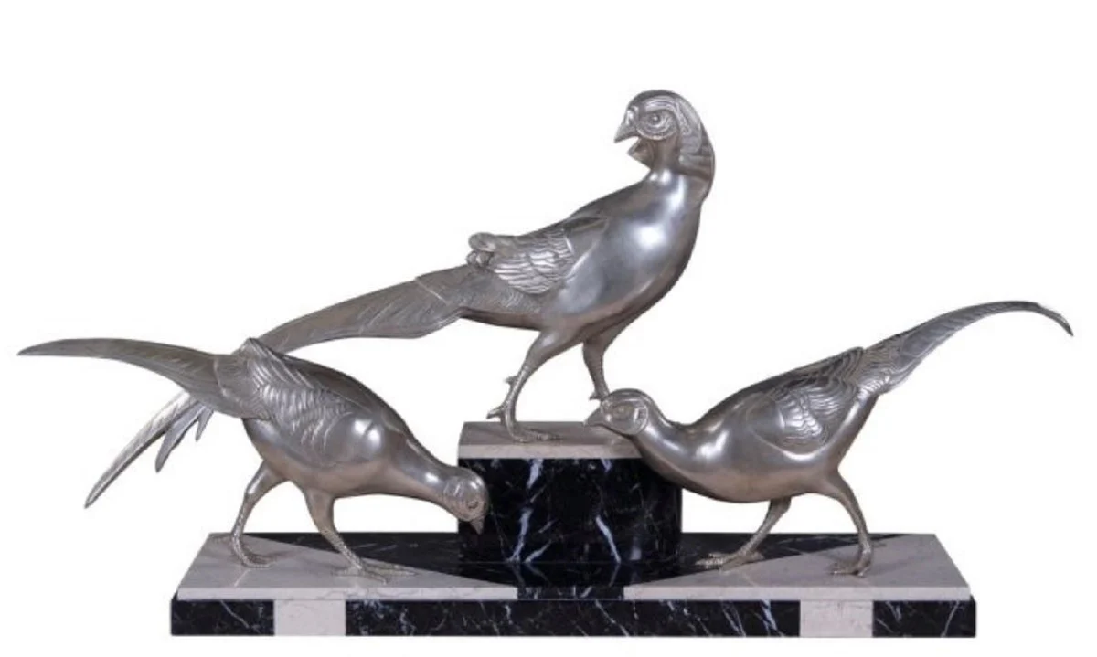 Casa Padrino decoración figuras de bronce de lujo 3 faisanes plata / negro / blanco 84 x 20 x H. 42 cm - Figuras de Decoración Plateada con Base de Mármol