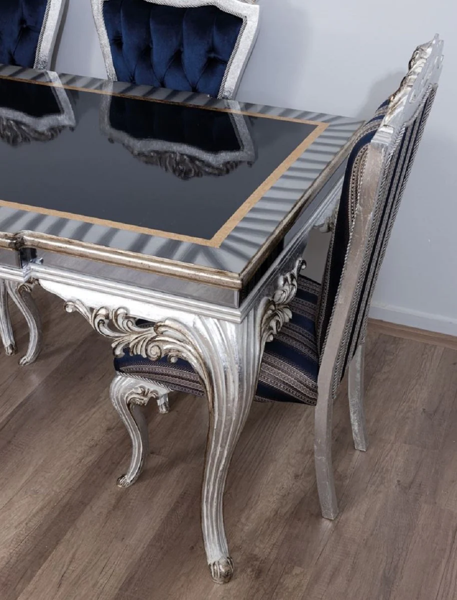 Casa Padrino mesa de comedor barroco de lujo negro / oro / plata - Mesa de comedor noble de madera maciza con espejo de vidrio - Muebles de comedor barrocos - Noble y Magn¨ªfico