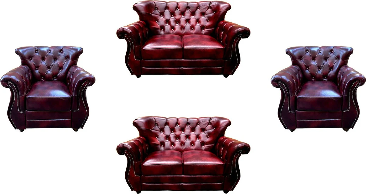 Casa Padrino conjunto de sal¨®n de cuero real Chesterfield de lujo rojo burdeos / marr¨®n / plata - 2 Sof¨¢s de Cuero y 2 Sillones de Cuero - Muebles de Sal¨®n - Muebles Chesterfield