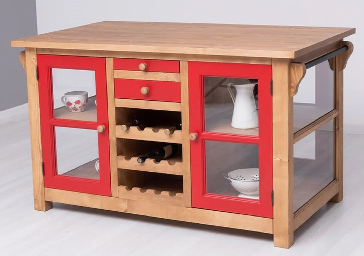 Casa Padrino isla de cocina estilo campestre natural / rojo 150 x 90 x A. 90 cm - Gabinete de cocina de madera maciza - Muebles de cocina estilo campestre - Muebles de comedor estilo campestre