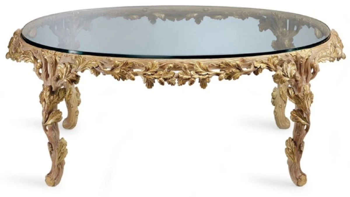 Casa Padrino mesa de centro barroco de lujo con placa de vidrio natural / marr¨®n - Mesa de sal¨®n ovalada de estilo barroco - Muebles Barrocos - Calidad de lujo - Hecho en Italia