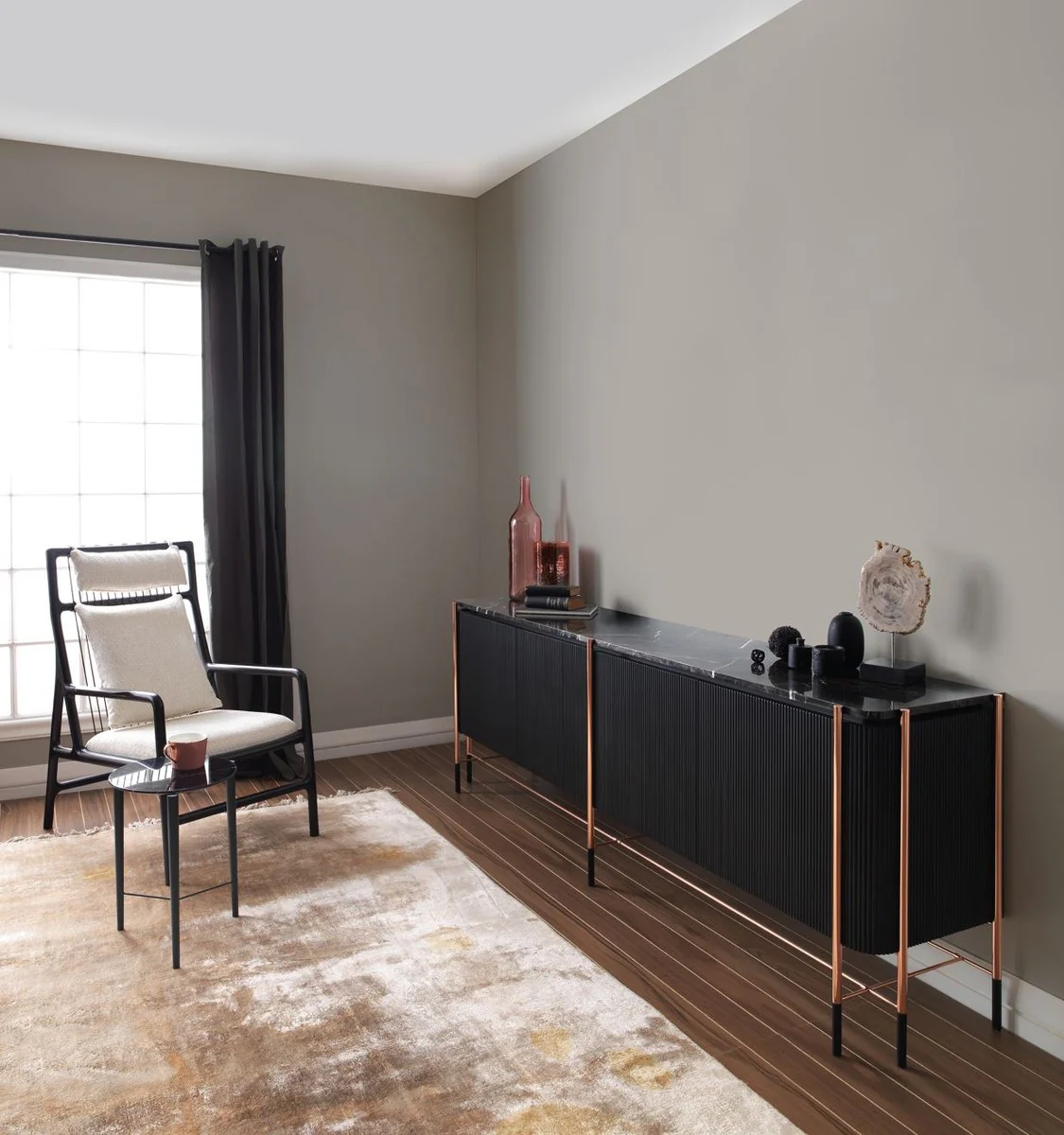 Casa Padrino aparador de lujo negro / negro mate / cobre 240 x 47 x A. 80 cm - Armario de madera maciza con 4 puertas y tapa de m¨¢rmol - Muebles de comedor - Muebles de sal¨®n - Muebles de lujo