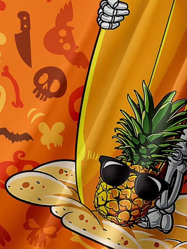 Halloween Skull Surfing Chest Pocket Short Sleeve Shirt