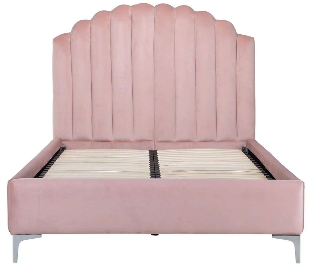 Casa Padrino cama doble Art Deco de lujo rosa / plata 136 x 215 x A. 131 cm - Cama de madera maciza con tela de terciopelo fino - Muebles de dormitorio - Muebles Art Deco de lujo