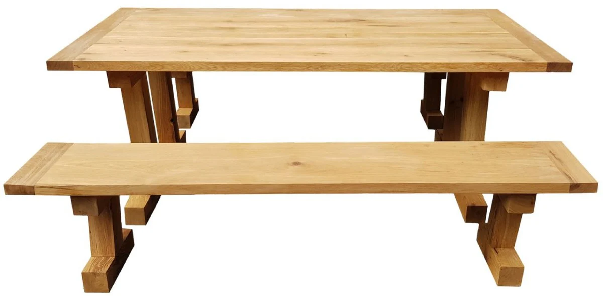 Casa Padrino conjunto de comedor de madera maciza natural - Mesa de Comedor de Madera de Roble con 2 Bancos - Muebles de comedor - Muebles de restaurante - Muebles de roble macizo