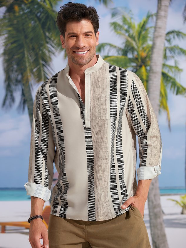 Men Striped Casual Spring/Fall Polyester Holiday Regular Fit Long sleeve Regular H-Line Casual Shirts