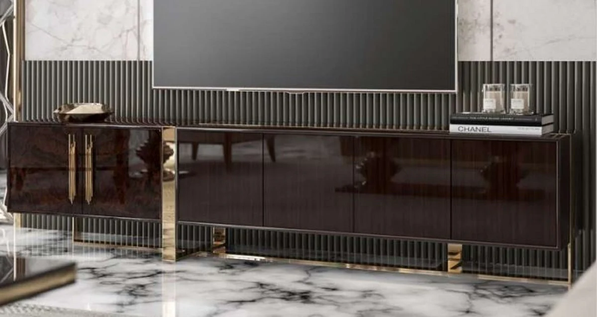 Casa Padrino gabinete TV Art Deco de lujo marrón oscuro brillante / oro - Mueble de TV noble para sala de estar con 6 puertas - Muebles Art Deco