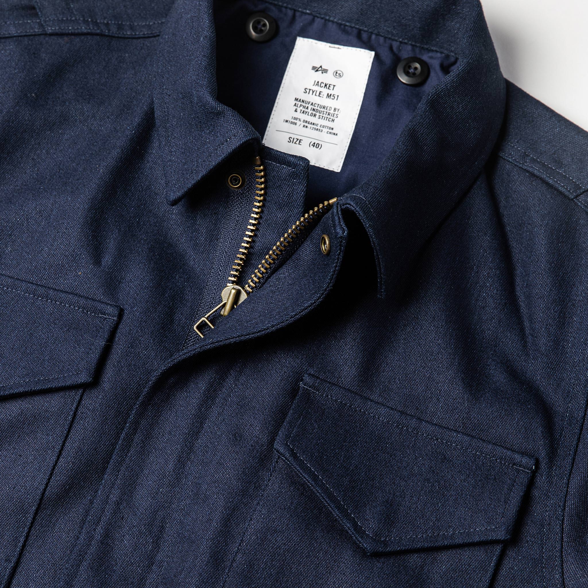 The Taylor Stitch x Alpha Industries M-51 in Indigo Reverse Sateen