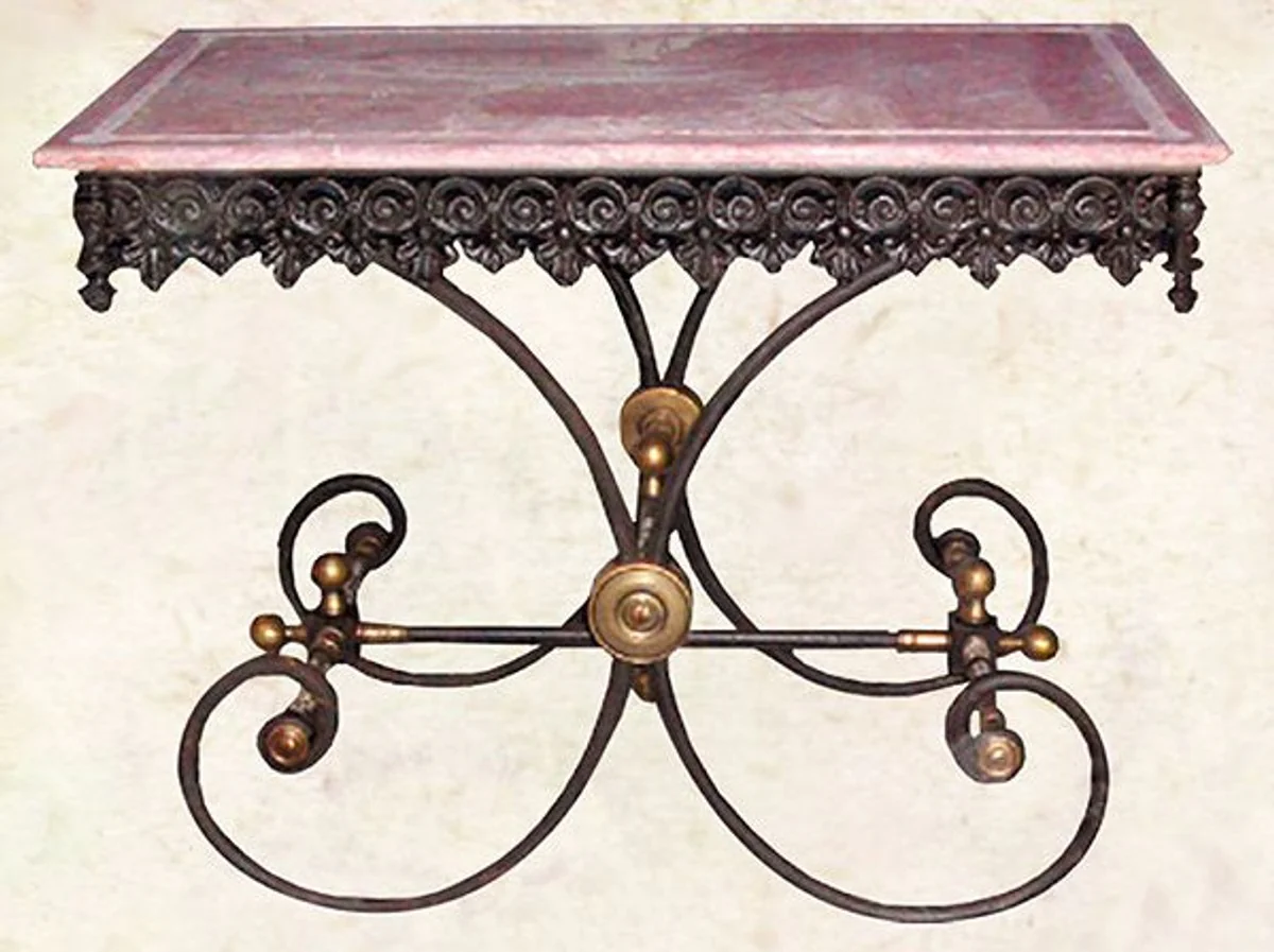 Casa Padrino mesa nostálgica de jardín de hierro forjado con tapa de mármol rojo - 100 cm x 67 cm x H75 cm - muebles de jardín de lujo