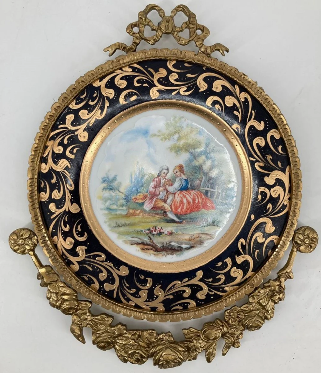 Casa Padrino plato de pared barroco de cerámica con marco ornamentado de latón negro / multicolor / latón - Cuadro de la pared barroco - Accesorios de decoración de paredes barrocas