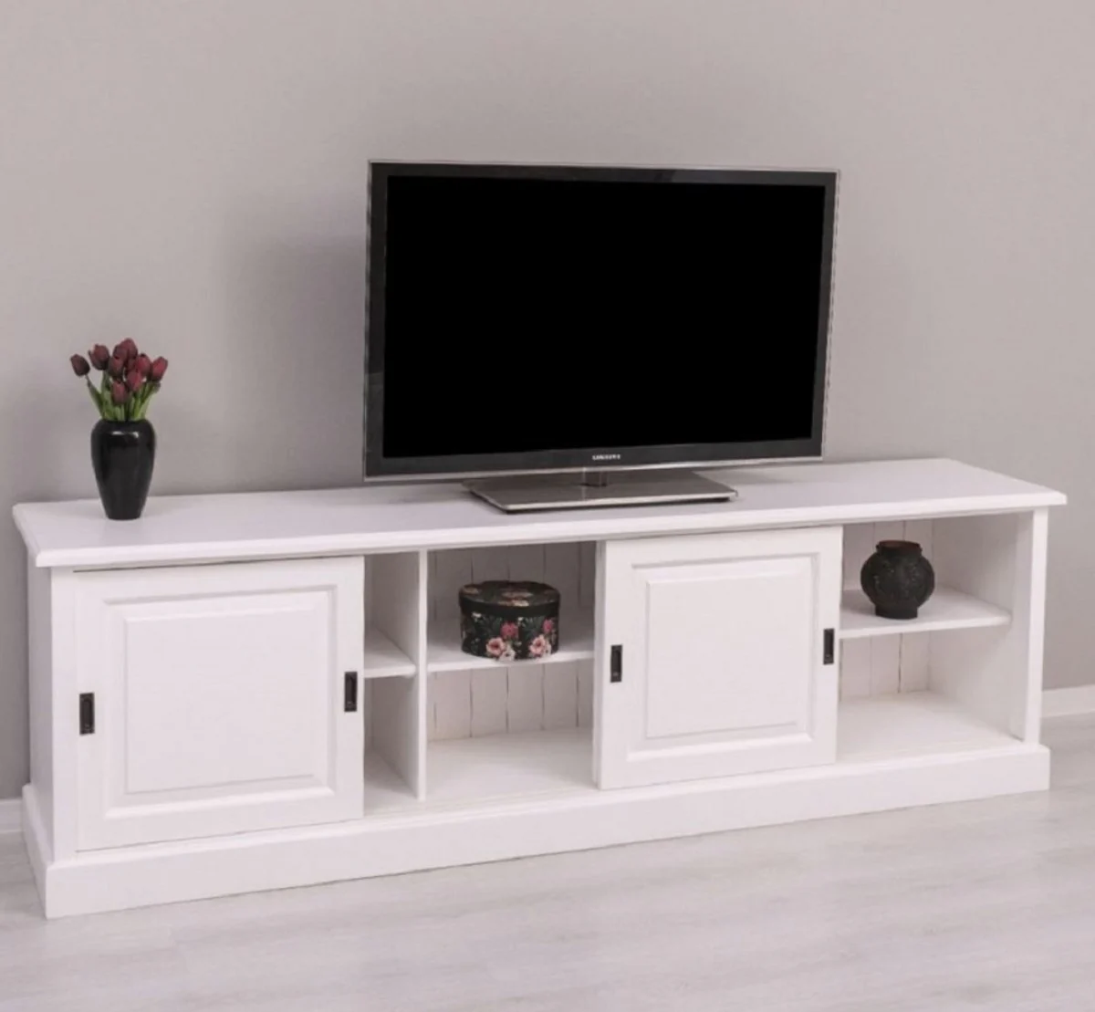Casa Padrino armario de TV de estilo campestre blanco 230 x 46 x A. 70 cm - Aparador de madera maciza - Muebles de salón de estilo campestre