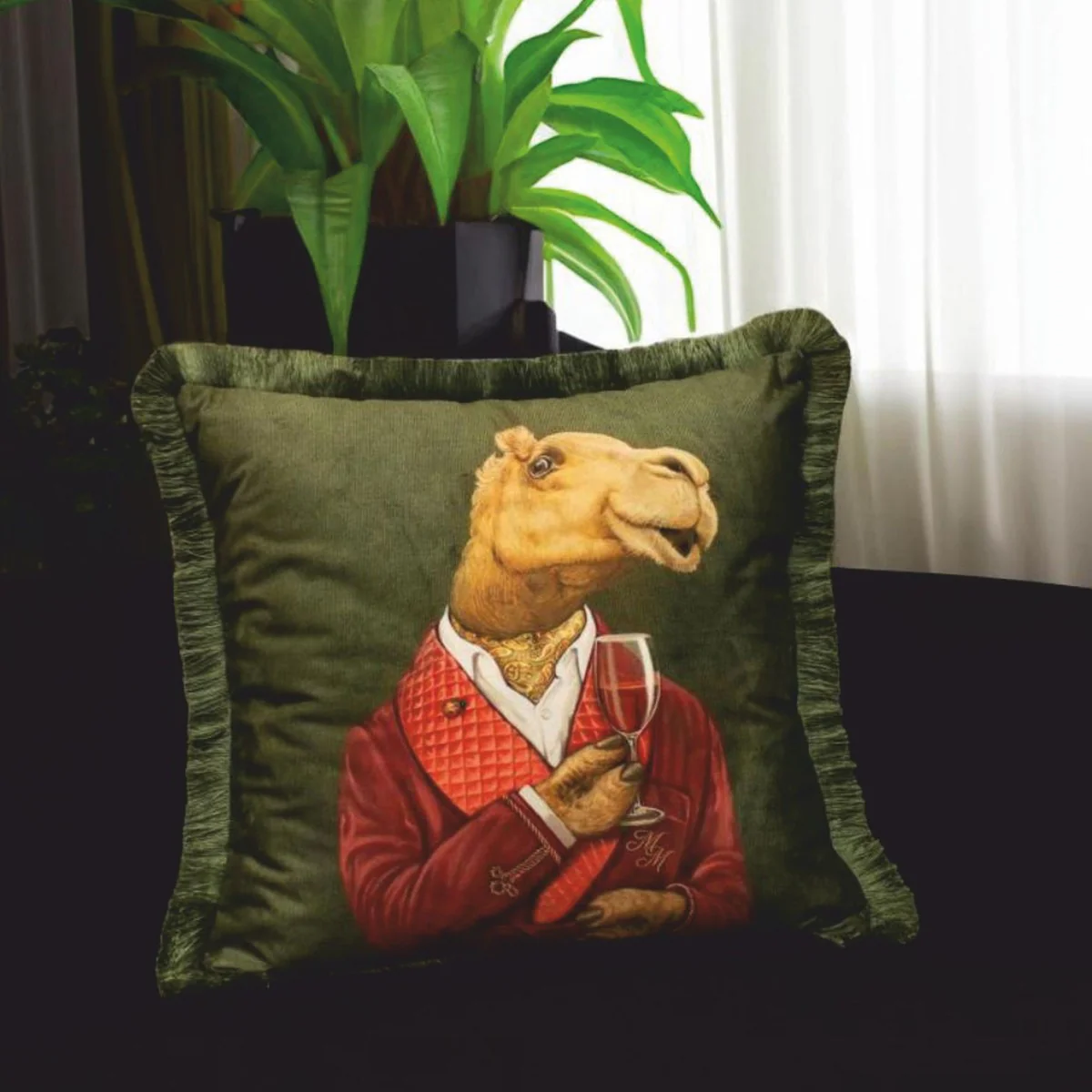 Casa Padrino coj¨ªn decorativo de lujo de terciopelo caballero camello verde 45 x 45 cm