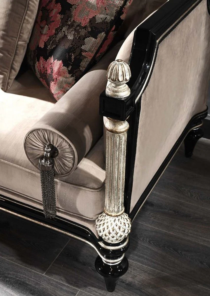 Casa Padrino sof¨¢ de terciopelo barroco de lujo beige / negro / plata / oro antiguo 250 x 95 x A. 80 cm - Magn¨ªfico Sof¨¢ de Estilo Barroco