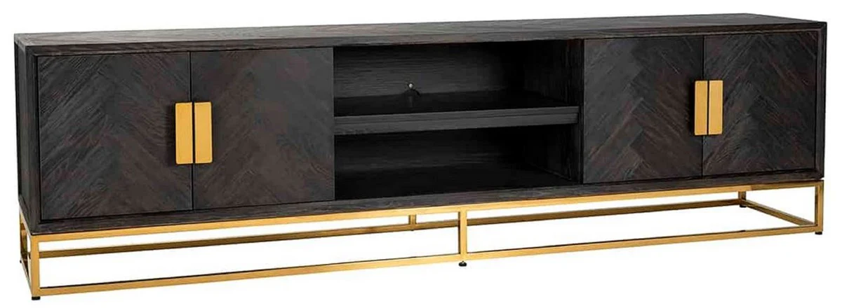 Casa Padrino gabinete de TV de lujo negro / oro 220 x 42,5 x A. 60 cm - Aparador de madera maciza con 4 puertas - Muebles de sal¨®n - Muebles de hotel - Colecci¨®n de Lujo