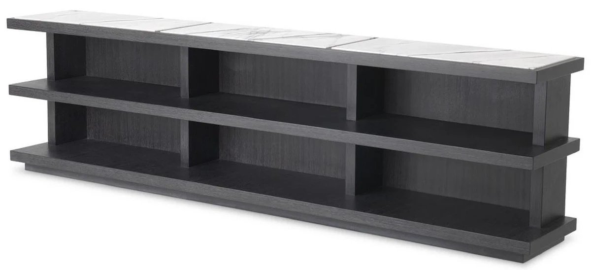 Casa Padrino consola de lujo gris antracita / blanco / lila 220 x 35 x A. 60,5 cm - Mesa consola noble con 3 estantes y tapas de m¨¢rmol - Estanter¨ªa de madera maciza - Muebles de sal¨®n de lujo