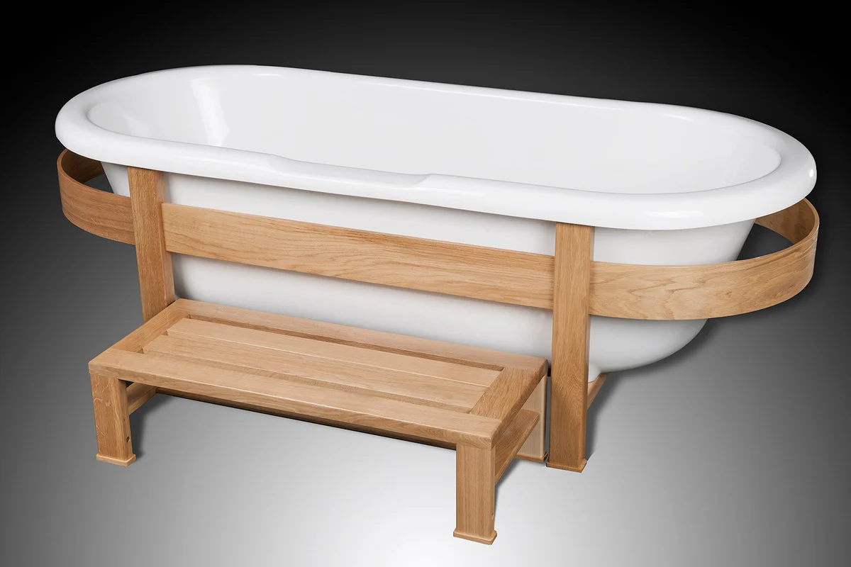 Casa Padrino bañera de lujo retro blanco / natural 178 x 76 x A. 73 cm - Bañera independiente con estructura de madera y escalón - Muebles de baño retro