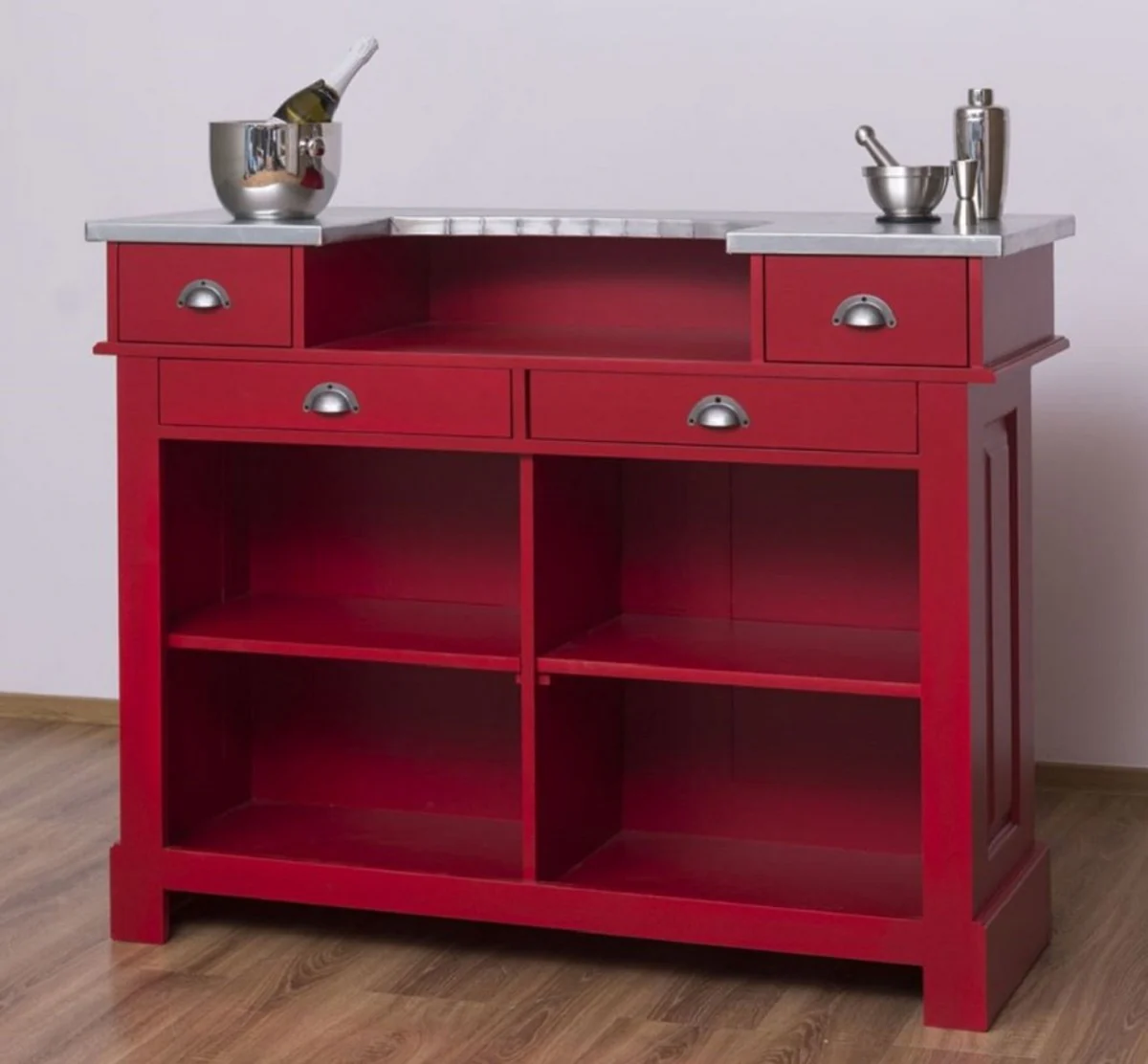 Casa Padrino barra de bar de estilo country rojo / plata 140 x 51 x H. 107 cm - Mesa de Mostrador de Madera Maciza con Tablero Galvanizado - Muebles de Estilo Country