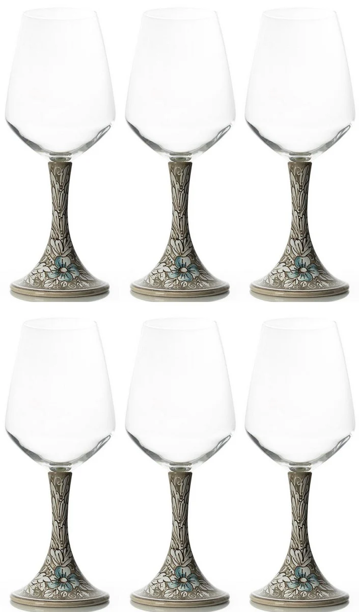 Casa Padrino conjunto de 6 copas de vino de cer¨¢mica de lujo marr¨®n / multicolor A. 23,5 cm - Copas de vino hechas y pintadas a mano - Accesorios hoteles y restaurantes - Hecho en Italia