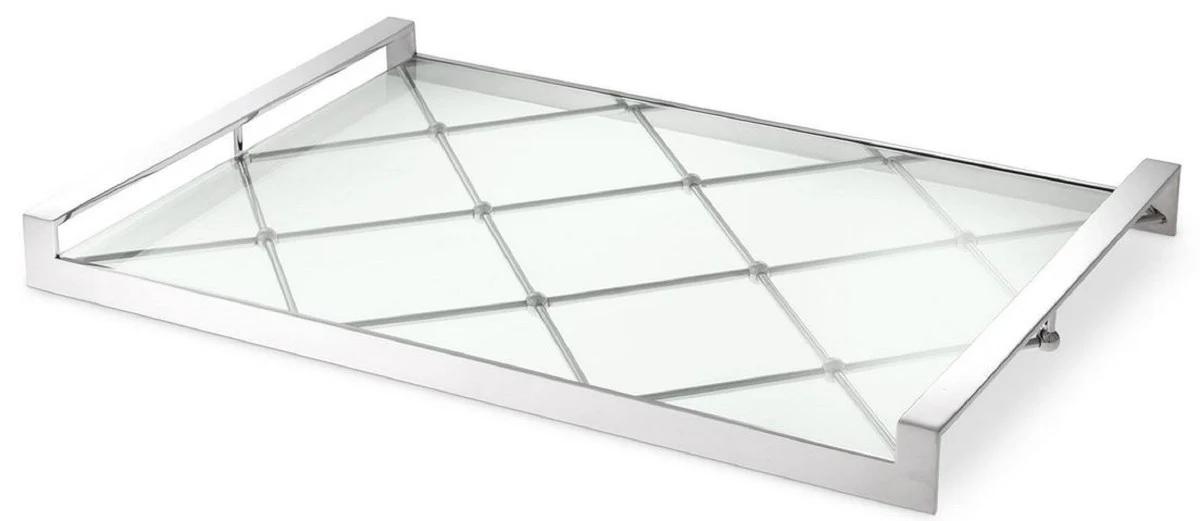 Casa Padrino bandeja de servicio de lujo plata 48 x 34 x A. 4 cm - Bandeja de acero inoxidable con tapa de vidrio endurecido - Accesorios de Gastronom¨ªa - Calidad de Lujo