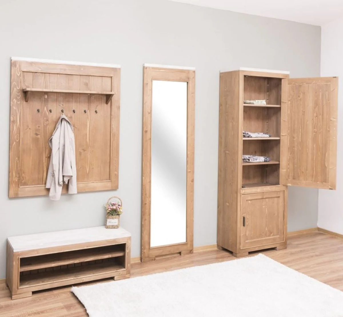 Casa Padrino conjunto de muebles de guardarropa de madera maciza de estilo campestre natural / blanco - 1 Guardarropa 1 Armario de Zapatos 1 Espejo de Pared y 1 Armario - Muebles de Estilo Campestre