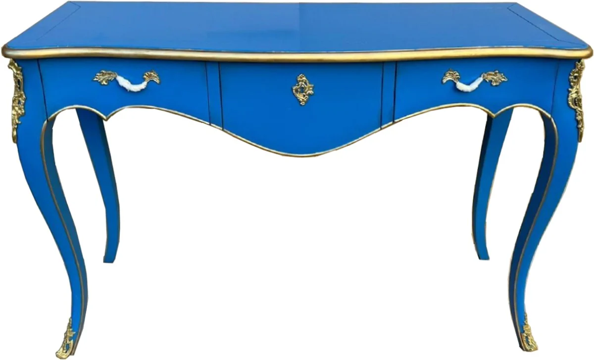 Casa Padrino secretario barroco con 3 cajones azul / oro - Escritorio de madera maciza hecho a mano en estilo barroco - Muebles de oficina barrocos