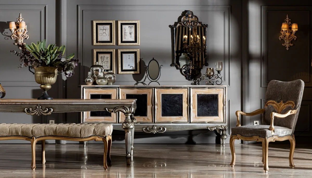 Casa Padrino silla de comedor barroco de lujo con reposabrazos gris / natural - Magn¨ªfica silla de madera maciza barroco - Muebles de comedor barrocos