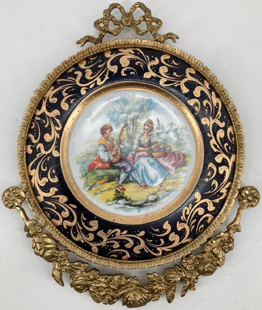 Casa Padrino plato de pared barroco de cerámica negro / multicolor / latón - Cuadro de la pared barroco con marco ornamentado de latón - Accesorios de decoración de paredes barrocas