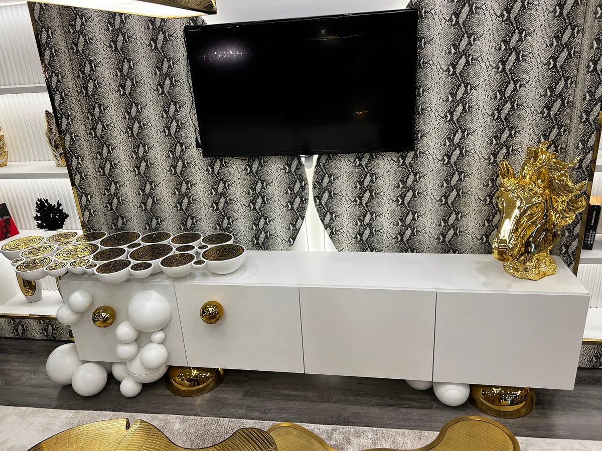 Casa Padrino gabinete de TV de dise?o de lujo blanco / oro 250 x 35 x A. 60 cm - Aparador de madera maciza con 4 puertas - Muebles de lujo - Muebles de hotel - Muebles de dise?o