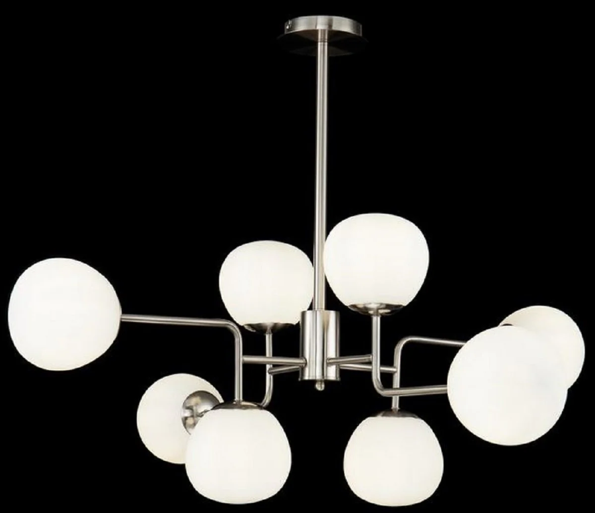 Casa Padrino Araña Plata / Blanco Ø 96 x H. 26,5 cm - Araña Moderna con Pantallas de Lámparas Redondas de Vidrio Esmerilado