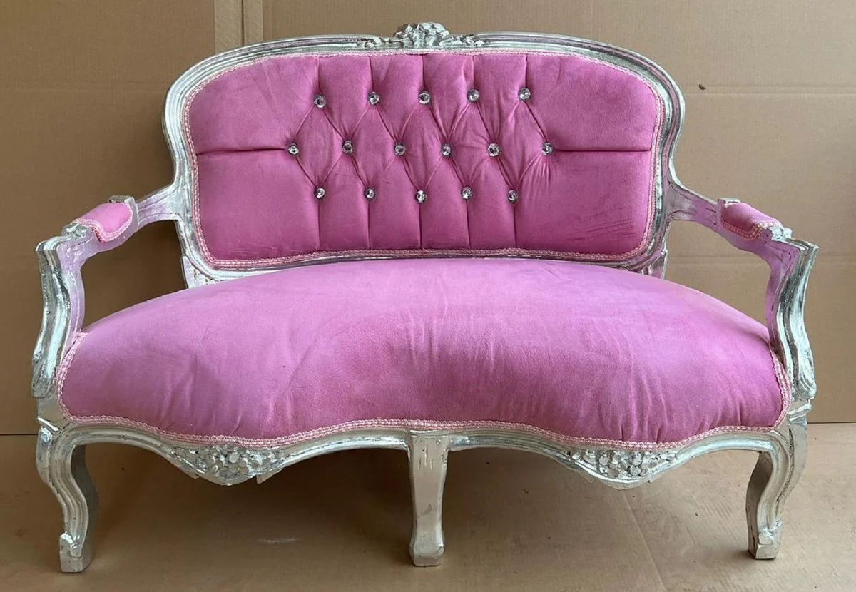Casa Padrino banco infantil barroco con pedrería y reposabrazos rosa / plata - Magnífico banco para habitación infantil de estilo antiguo - Muebles infantiles de estilo barroco