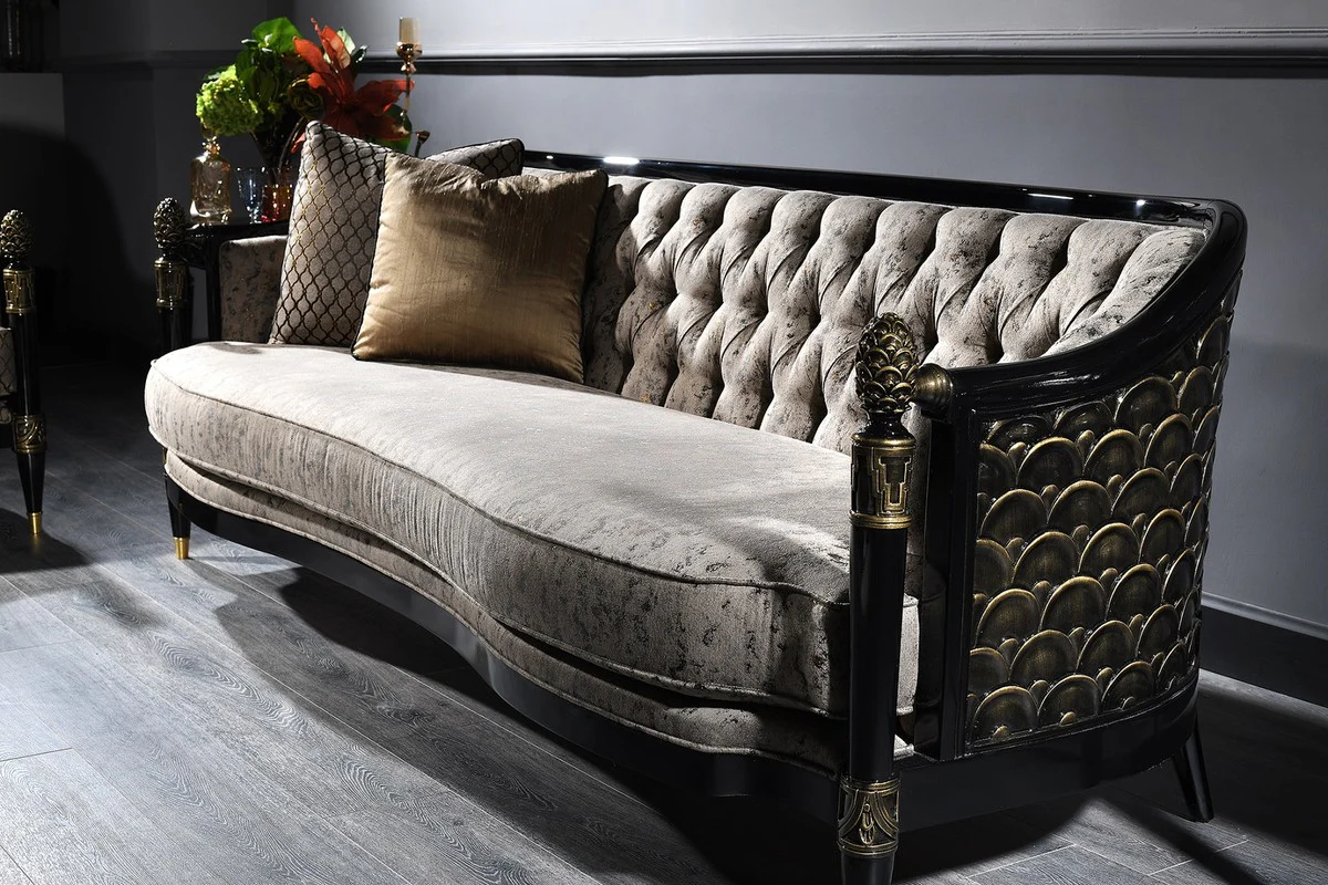 Casa Padrino Sof¨¢ Chesterfield Barroco de Lujo Plata Gris / Negro / Oro 231 x 94 x H. 83 cm - Muebles de Sal¨®n Barrocos